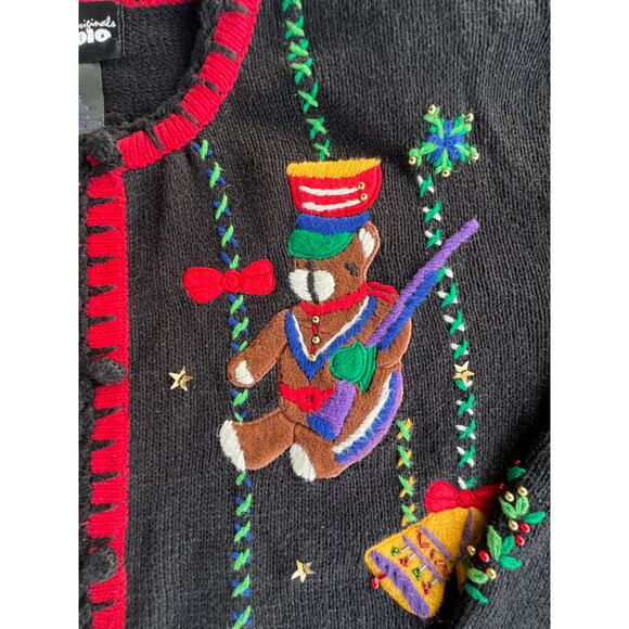 Vintage Christmas Sweater, Cardigan, Beaded, Bears, Busy, Embroidered XL - Picture 9 of 13